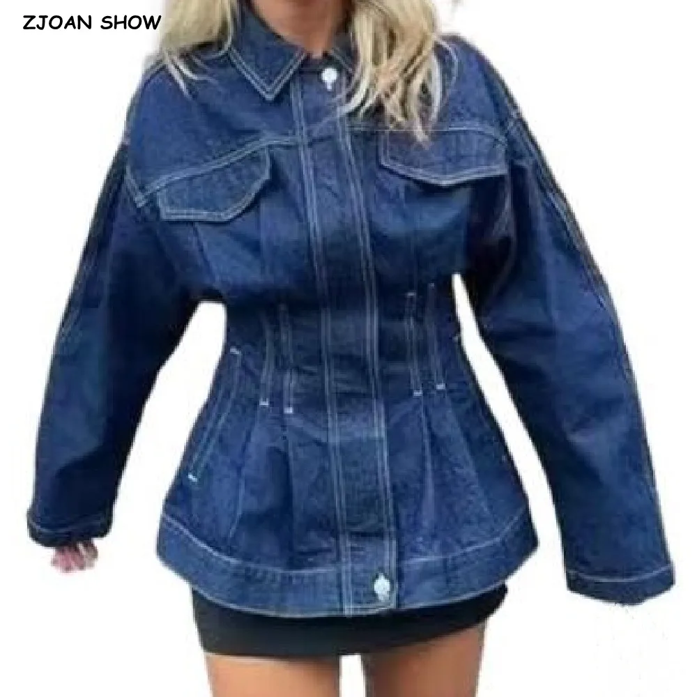 

2025 Autumn Women Lapel Denim Safari Coat Front 2 Pockets Tie Bow Sashes Waist Single-Breasted Buttons Jacket Loose Outerwear