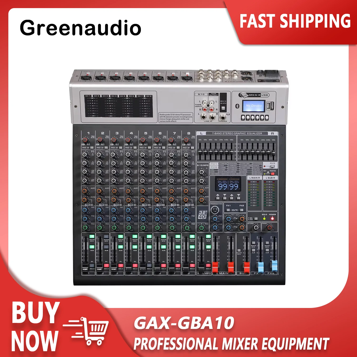 GAX-GBA10 Professional Audio Mixer, Sound Board Console, Desk System Interface, 10 Canais USB para Música, Podcast Produção