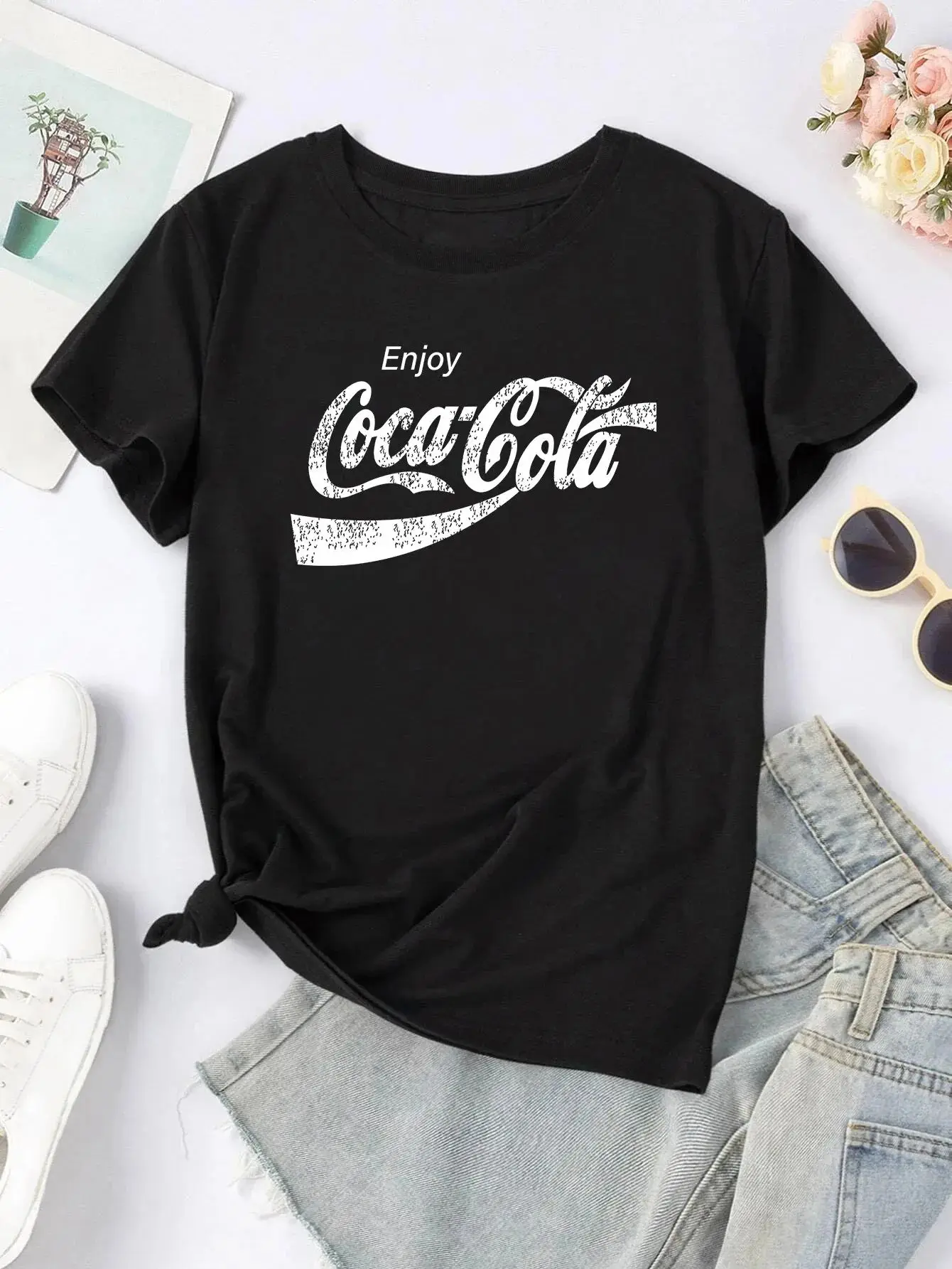 Plus Size 'Enjoy Coca' Cola' Tee,Print Crew Neck T-shirt,Women's Casual Loose Short Sleeve Fashion Summer T-Shirts Tops