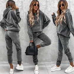 Spring Autumn Women's Clothing Sets Female Solid Color Velvet Pocket Hoodie + Sport Pants Trousers Women 2 Piece Set Outfit