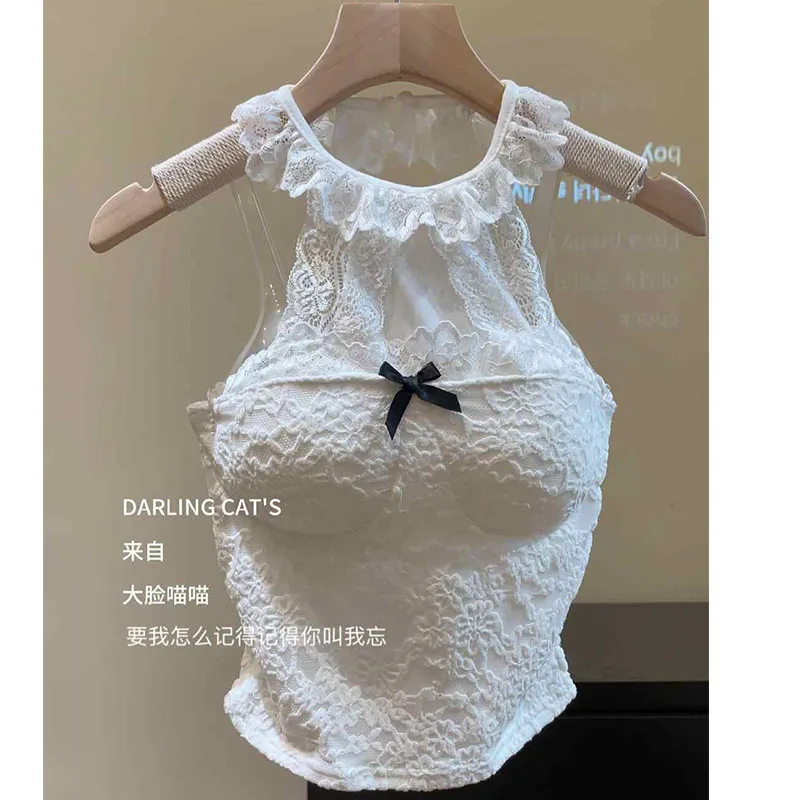 

Women White Lace Vest Summer New Solid Sexy Sleeveless Tops O-neck Bow Sweet Fashion Tanks T-shirt