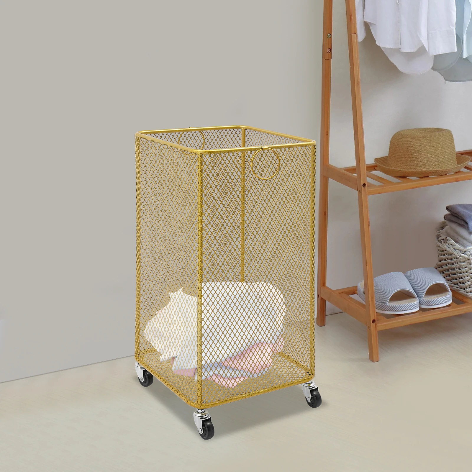 سلة غسيل شبكية معدنية مربعة بعجلات، عربة سلة غسيل متينة للملابس، منظم تخزين للمنزل