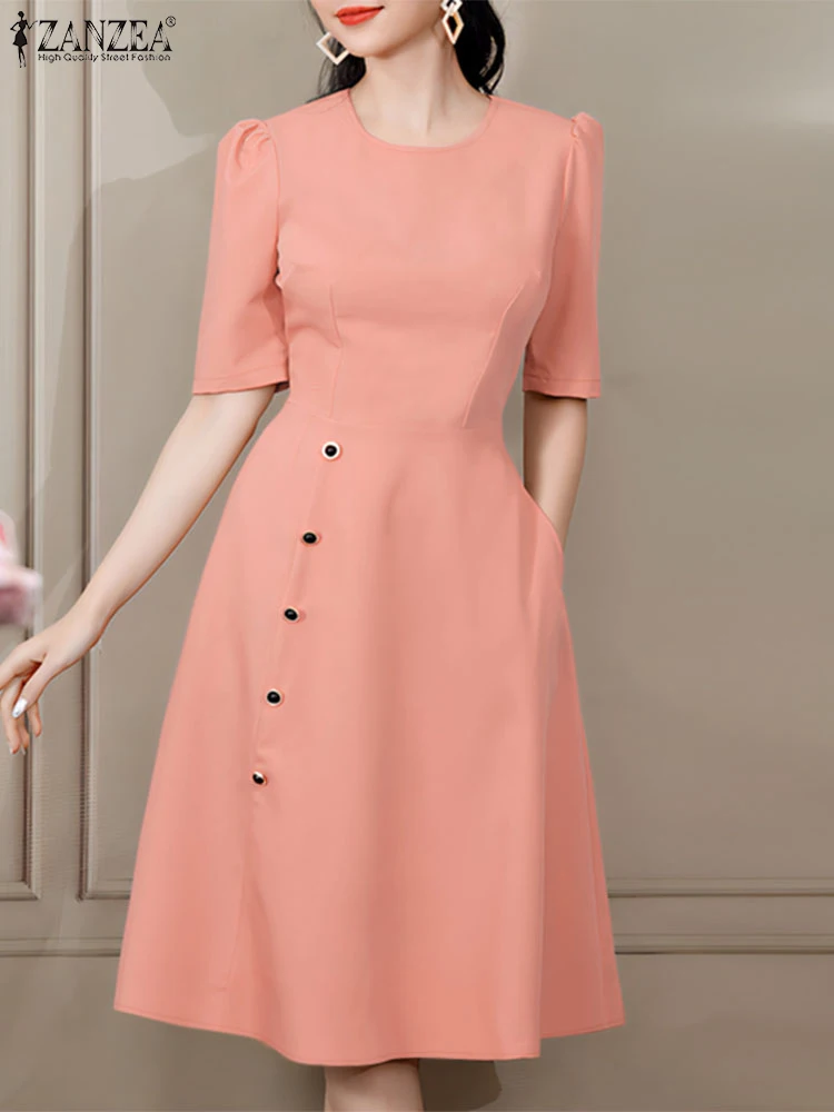 

ZANZEA Elegant Women A-line Robes Femme Solid High Waist O-Neck Half Puff Sleeve Party Dresses Casual Fashion Midi Vestidos