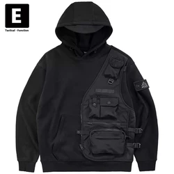 Black Techwear Hoodies para homens, patchwork, cargo hoodies, pulôver masculino, design funcional, moletom com capuz, streetwear, primavera e outono