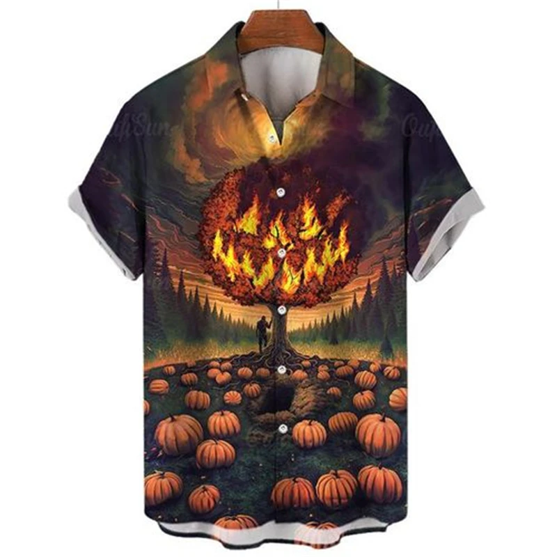 Halloween Men's Shirt Horror Pumpkin 3d Print Shirt Summer Casual Personality Short Sleeved Beach Hawaiian Party Clothing New