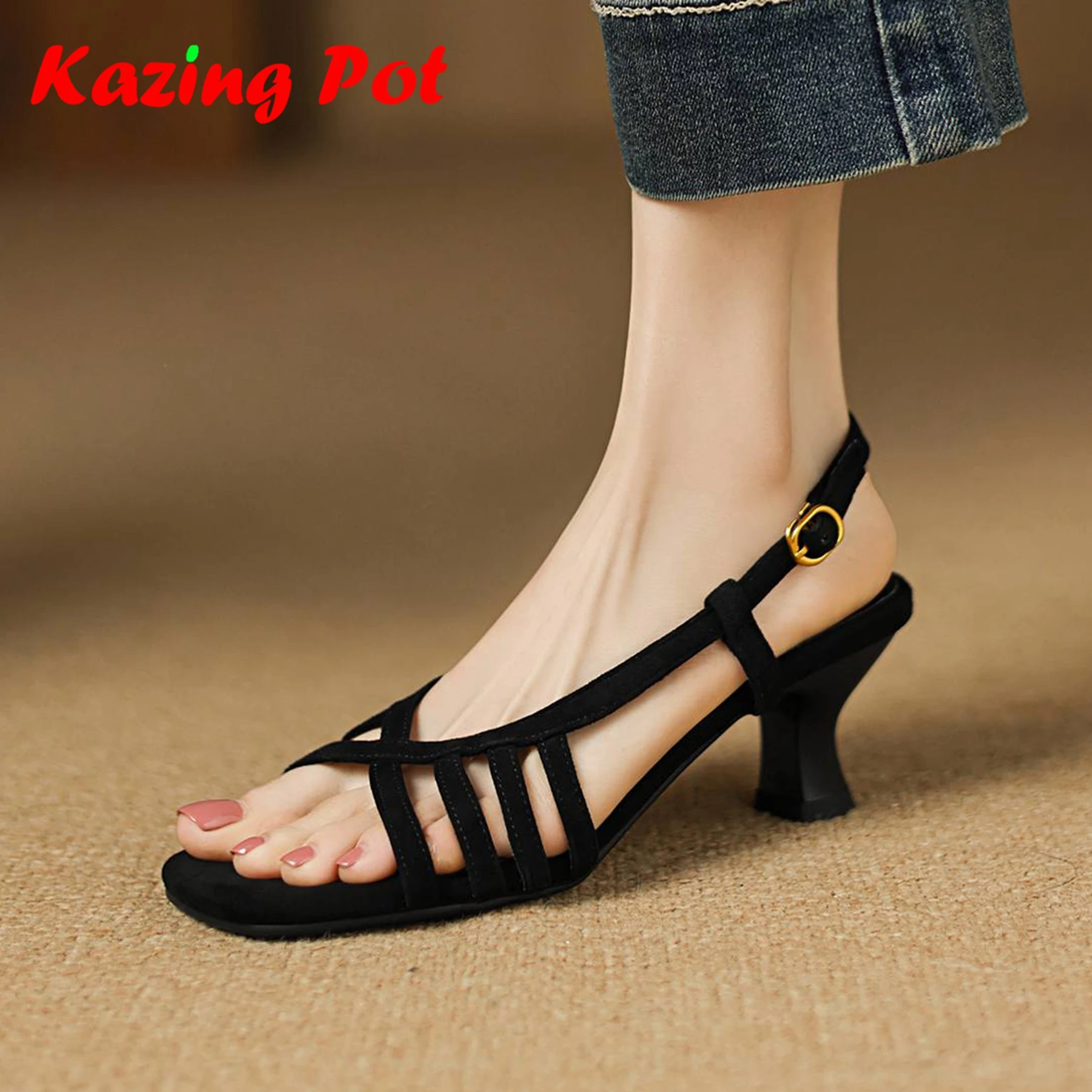 

Krazing Pot Sheepskin Suede Peep Toe Stiletto High Heels Preppy Style Summer Shoes Office Lady Black Color Size 42 Women Sandals