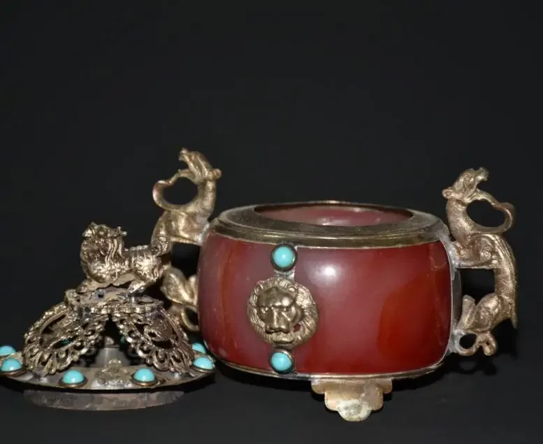 Antique Tibetan Silver Lion Statue Incense Burner Inlaid turquoise beads Home Decor Censer Crafts