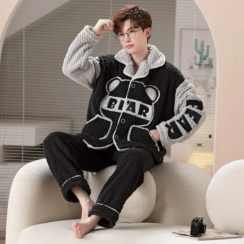 Pajamas Men Autumn Winter Sleepwear Flannel Plush Thicken Loungewear Male nightgown Cartoon Cute Coral Velvet Home Clothing suit