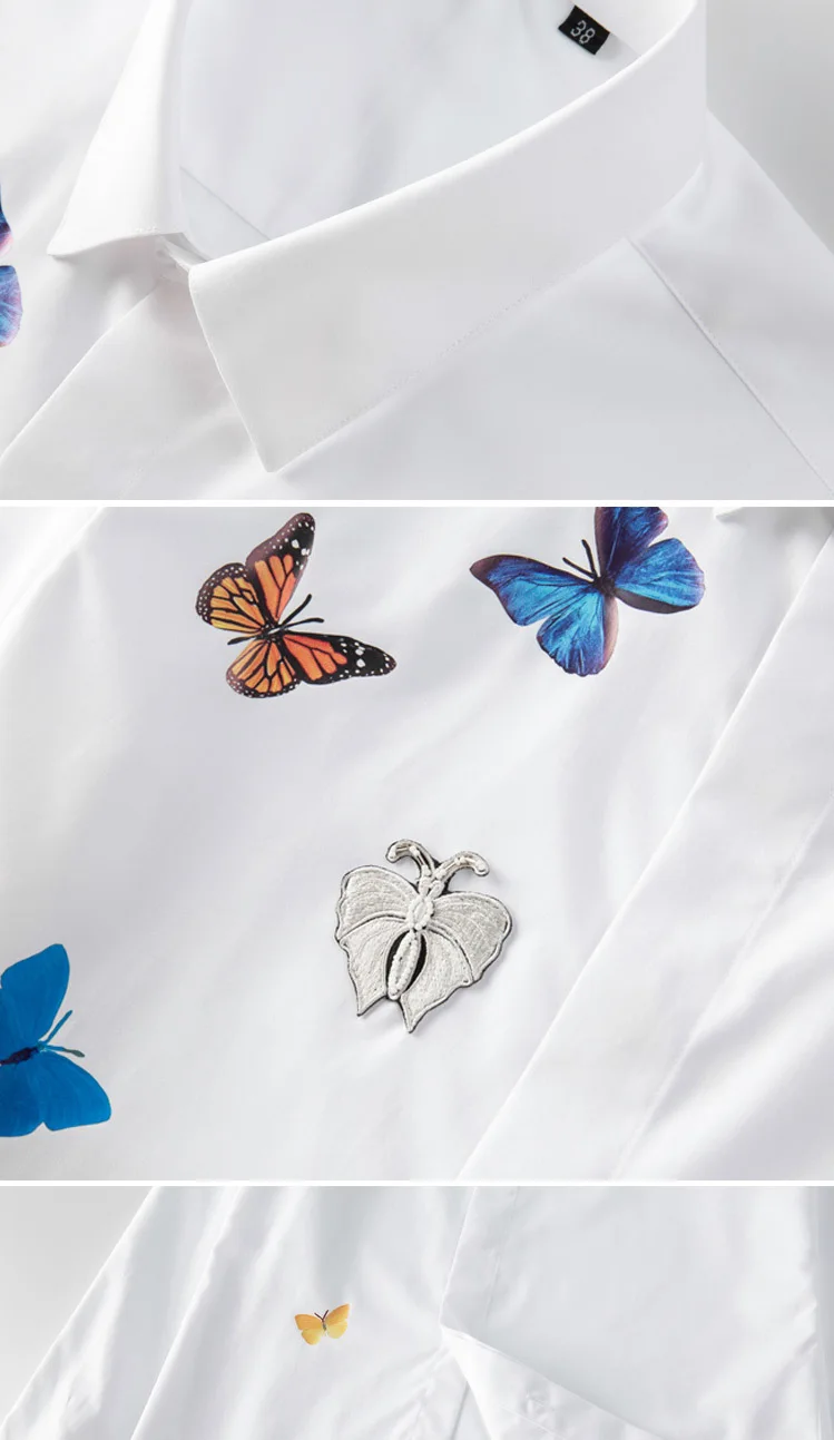 Butterfly Group Logo Pattern เสื้อเชิ้ตแขนยาวผู้ชายทรงสลิมฟิตผ้าฝ้ายปั่นเสื้อผ้าผู้ชายสไตล์จีนอินเทรนด์