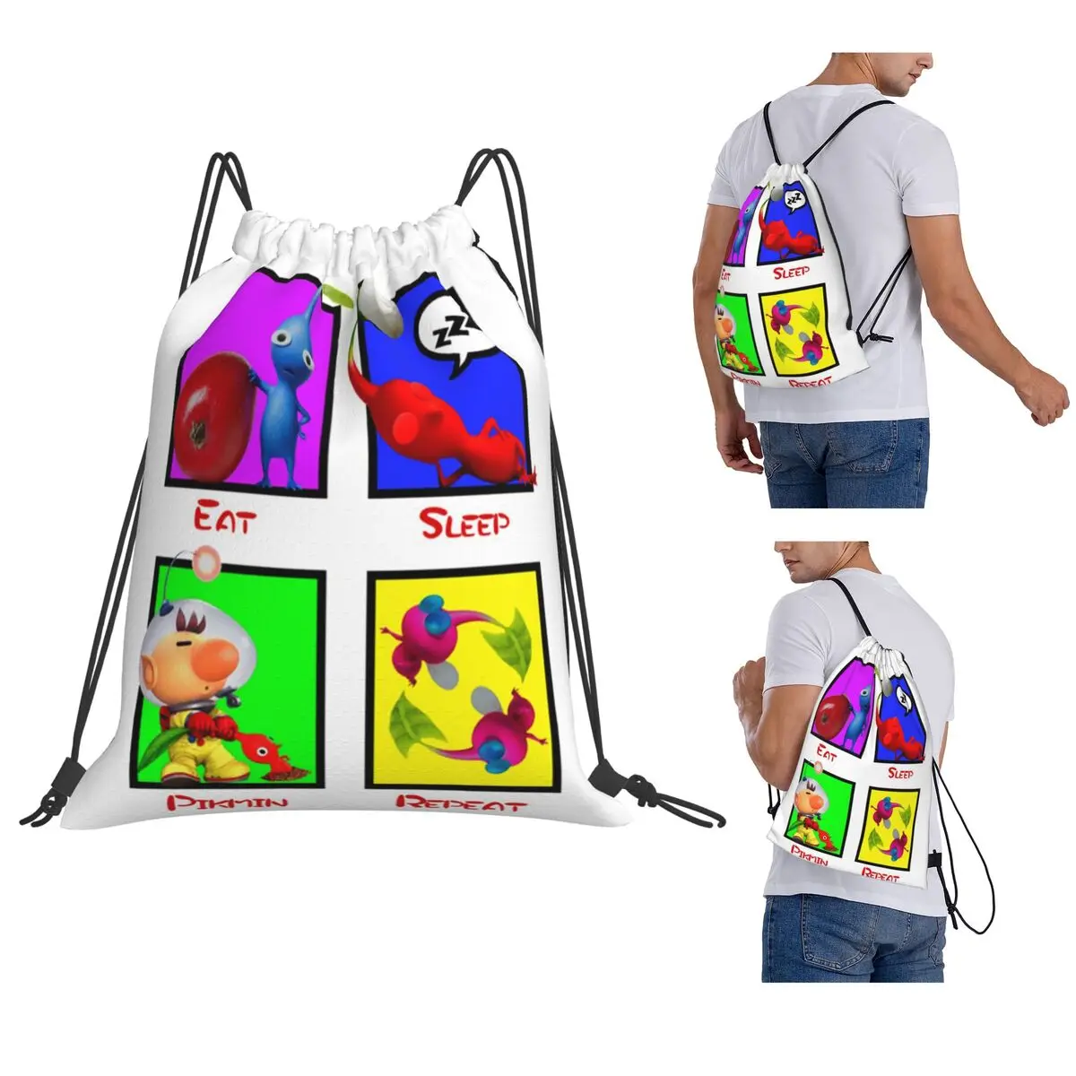 Eat Sleep Pikmin Repeat Backpacks Fashion Drawstring Bundle Pocket Shoes Bag Book Bags for Man Woman Students
