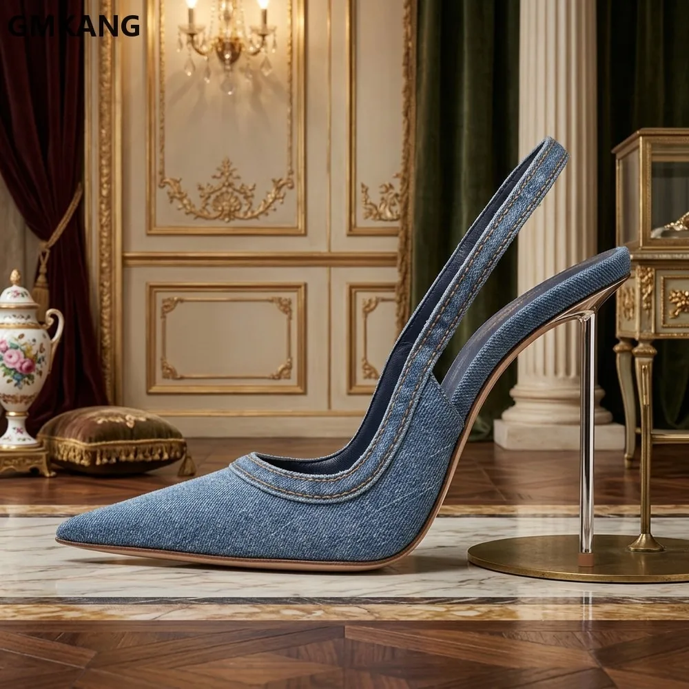 GMKANG Summer Blue Denim Pointed Toe Super High Heel Sandals with Rear Ankle Strap, Closed Toe, Shallow Metal Heel for
