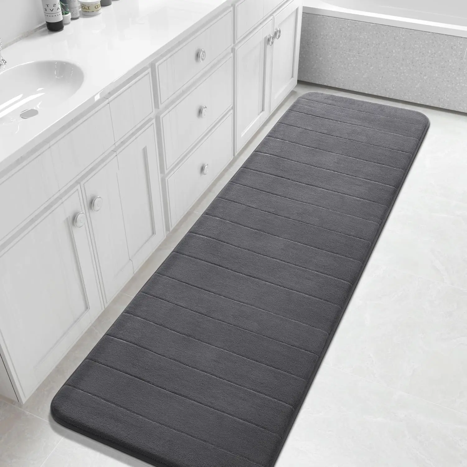 

72x24 Inch Non-Slip Washable Memory Foam Bath Mat, Super Soft Water Absorbent Hallway Carpet for Vanity Tub Shower, Dark Gray