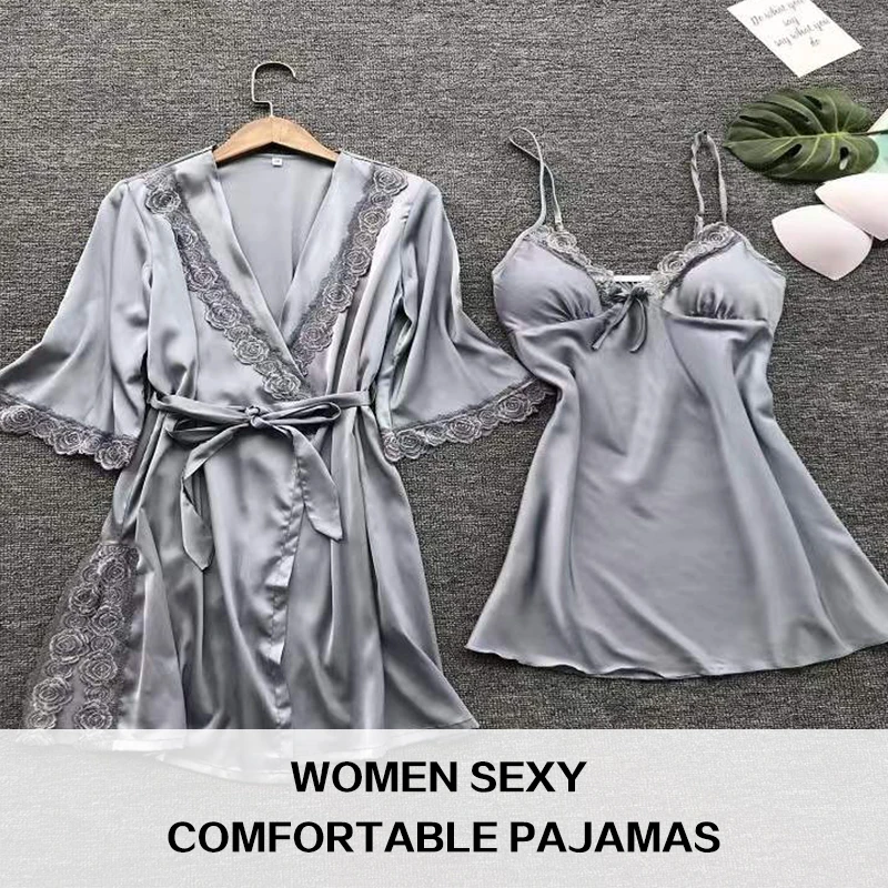 

2pcs Woman Sexy Pajamas Sleepwear Lace Robe And Pants Lingerie Bathrobe Silk Satin Home Clothed Nightwear For Ladies