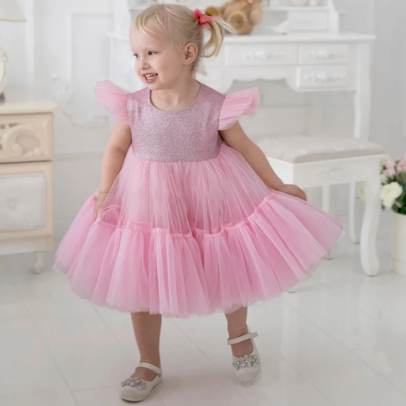 

Flower Girl Dresses Pink Tulle Puffy Sequin Tiered Short Sleeve For Wedding Birthday Party Holy Communion Gowns