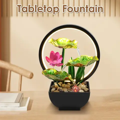Bordfontän 3-våningar lotusblad liten vattenfallsfontän inomhus vattenfontän med stenar och LED-ringlampor skrivbord 6 best sales topstoney - №4