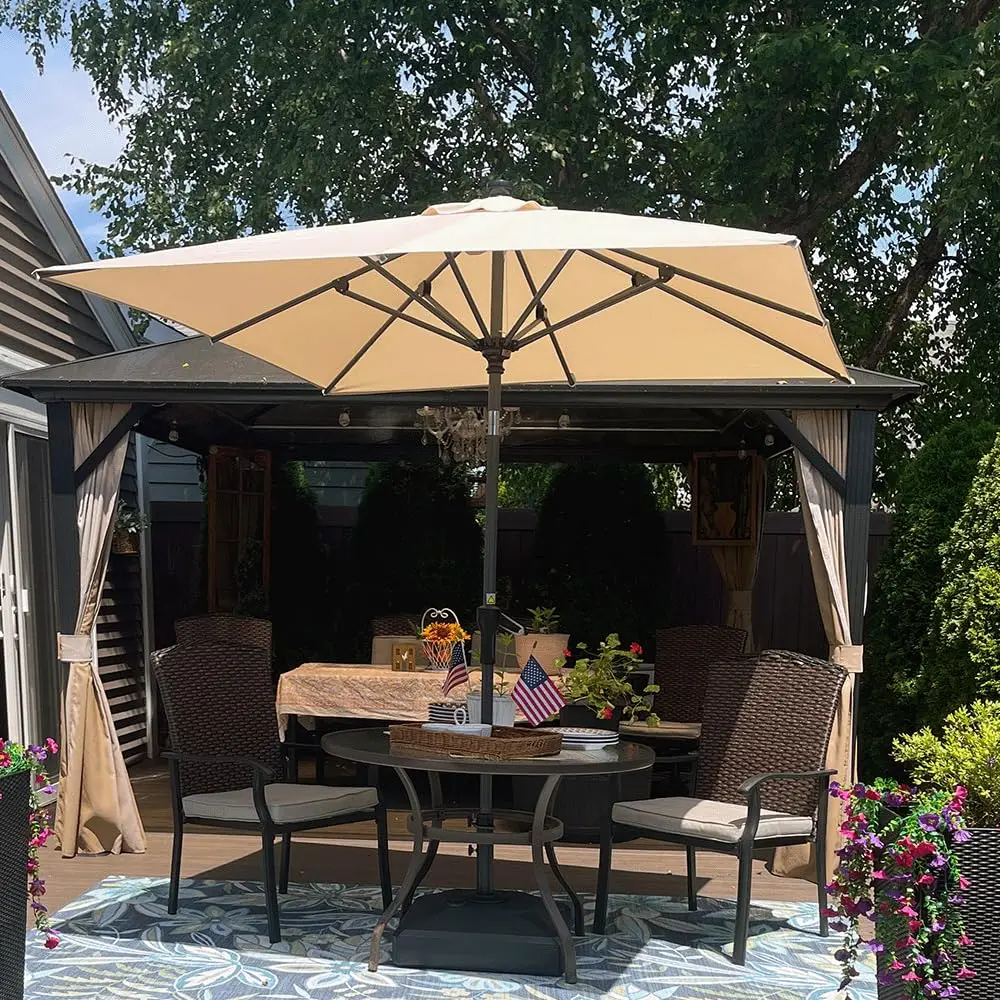 Patio Market Umbrella with Base 6.5' x 6.5' Square Tilt Beige | Dual Tilt, Shade Way, 8 Reinforced Ribs, 200 GSM, Customized
