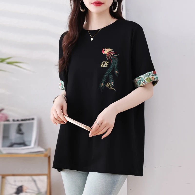 #2886 Black Vintage Short Sleeve T Shirt Women Embroidery Cotton Summer Tee Streetwear T-shirt Female O-neck Chinese Style 