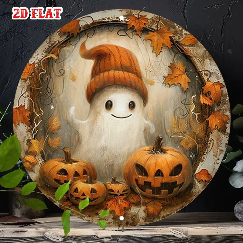 2D plane, 1 piece of vintage and cute pumpkin cat round wall decoration board - vintage smiling white with autumn leaves