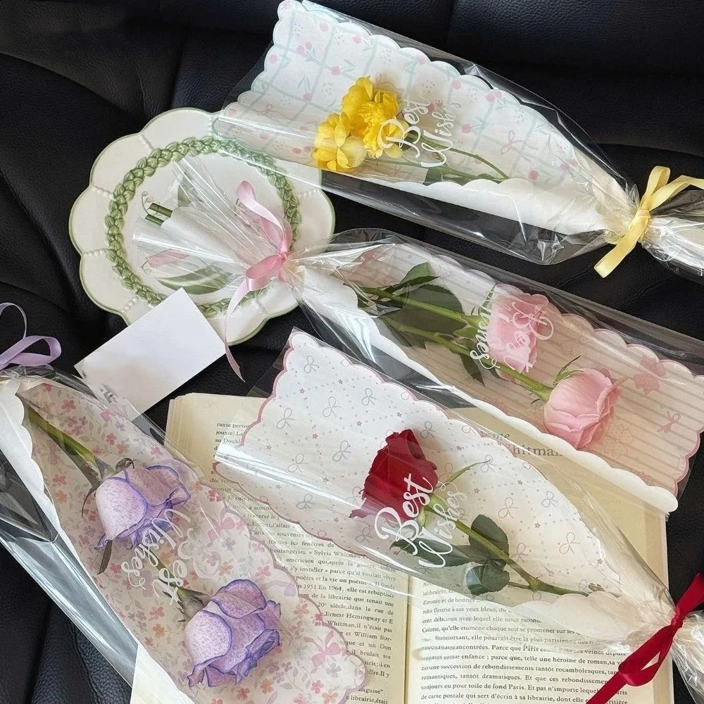 

10pcs/set Waterproof Flower Packaging Bags Transparent Romantic Bouquet Wrapping Bags Colorful Blessing Floral Gift Bags