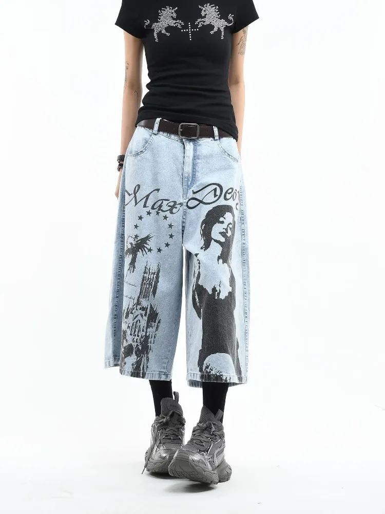 Women's Fashionable Printed Patterns Denim Shorts Girl Summer Pants Wide Leg Calf-length Trousers Female High Waist Capris Jeans