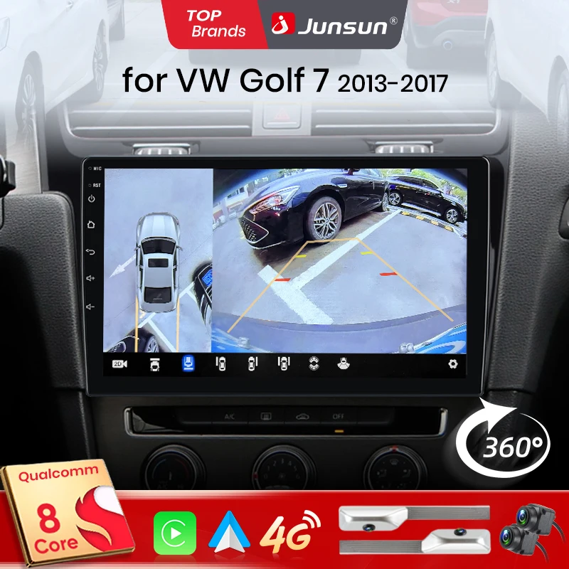Junsun Qualcomm 8 cœurs 360 °   Caméra panoramique sans fil CarPlay Android Auto autoradio pour VW Golf 7 2013-2017 GPS multimédia