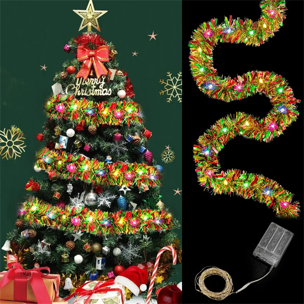 1pc Christmas Tinsel Garland Metallic Shiny Garland Christmas Tree Garland Thick Hanging with LED Lights Suitable for Home Decor