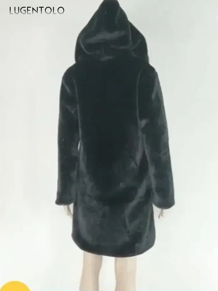 Cappotto di pelliccia sintetica nera da donna inverno Streetwear moda di grandi dimensioni sciolto Famale con cappuccio spessa giacca di Cardigan di pelliccia calda panno elegante