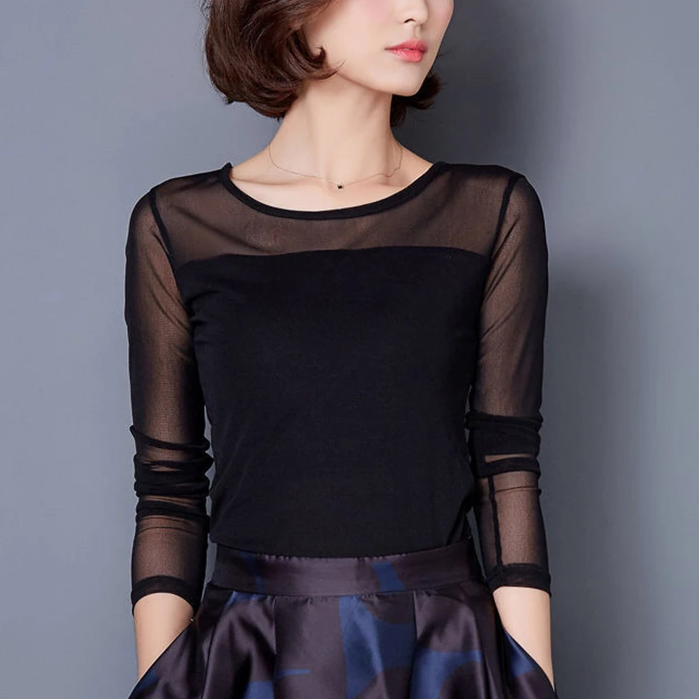 

Black White S-2XL Sweet O-neck Long Sleeve T Shirts Slim Stretch Tops Ladies Sexy Tees Y2K Sheer Elastic Mesh Knit Shirt Women