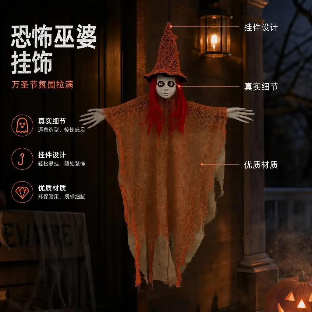 Halloween orange witch pendant with ghost charm, red long hair pointed hat, tattered burlap witch pendant, haunted house secret