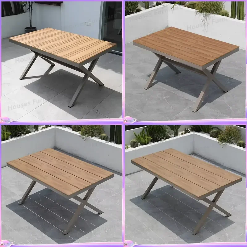 Outdoor Aluminum Table Waterproof Sunproof Plastic Wood Long Dining Table for Garden Balcony Patio Furniture Weather