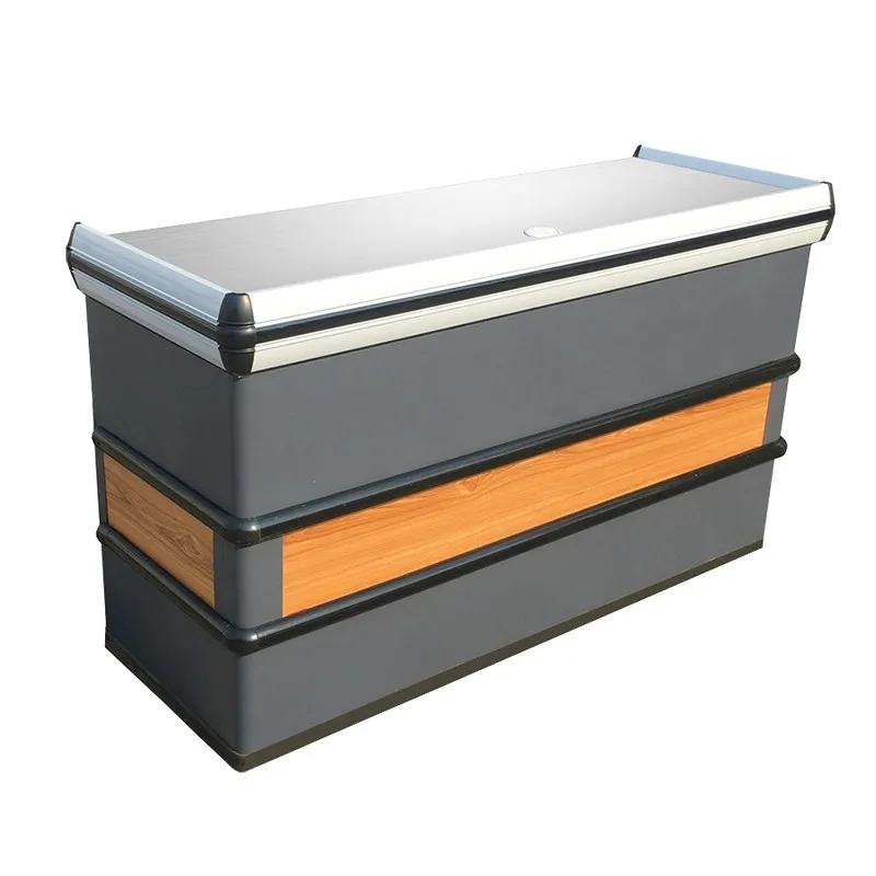 Supermarket, convenience store, fresh fruit store, steel and wood simple stainless steel countertop, commercial bar