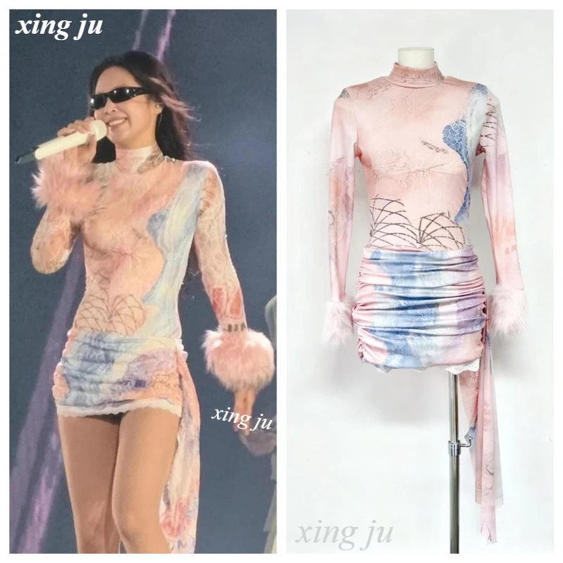 

Xing Ju Women Singer Jennie Sexy Irregular Long Sleeve Wrap Hip Dress Jazz Dance Costume Kpop Nightclub Stage Performance Wear