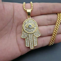 New Men's Fashion Titanium Steel Gold Plated Full Rhinestones Hand of Fatima Pendant Necklace Religious Personality Jewelry