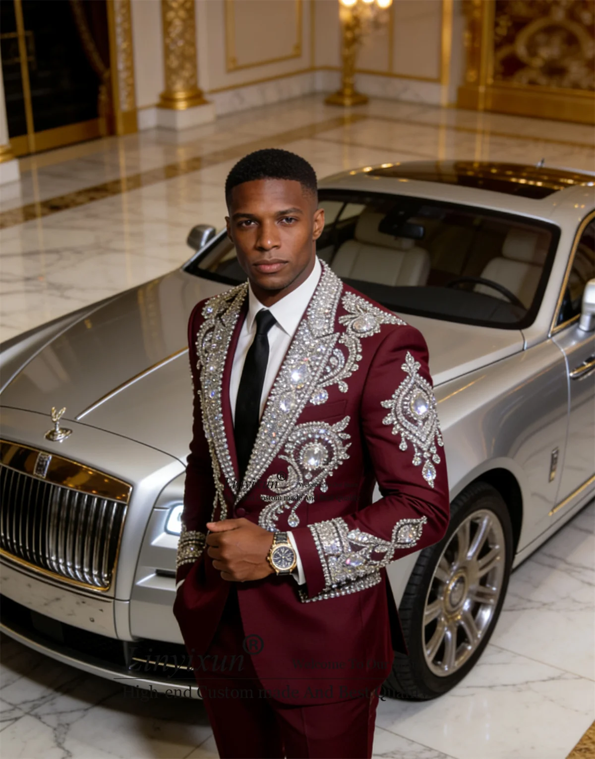 

Handmade Rhinestons Men Suits 2 Piece Set Male Prom Blazers Customized Wedding Groom Tuxedos Glitter Lapel Slim Costume Homme