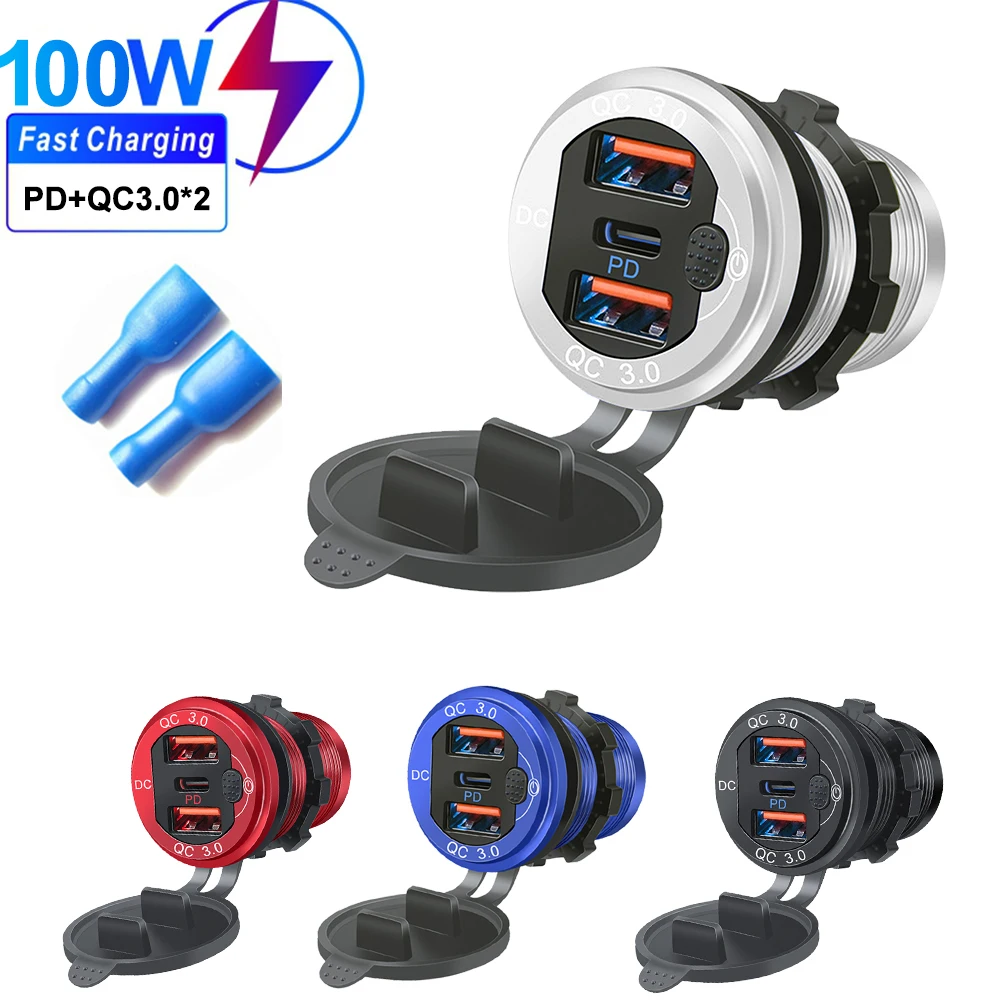 Presa per caricabatteria da auto in alluminio PD tipo C QC3.0 doppia porta 100W USB C 12V 24V presa USB caricabatteria da auto con interruttore per auto barca marina