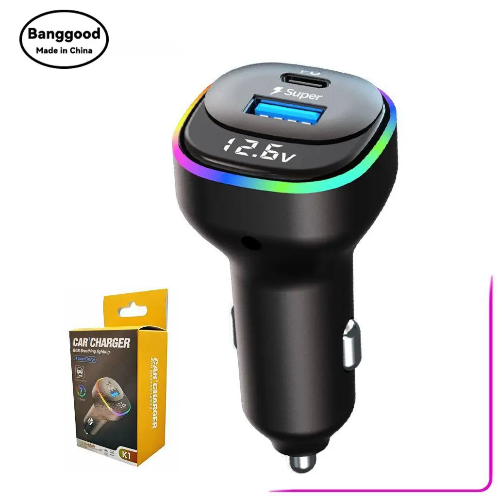 K1 Digital Display USB Car Charger, Voltage Measurement, Car Cigarette Lighter PD Fast Charging, Colorful Atmosphere Light
