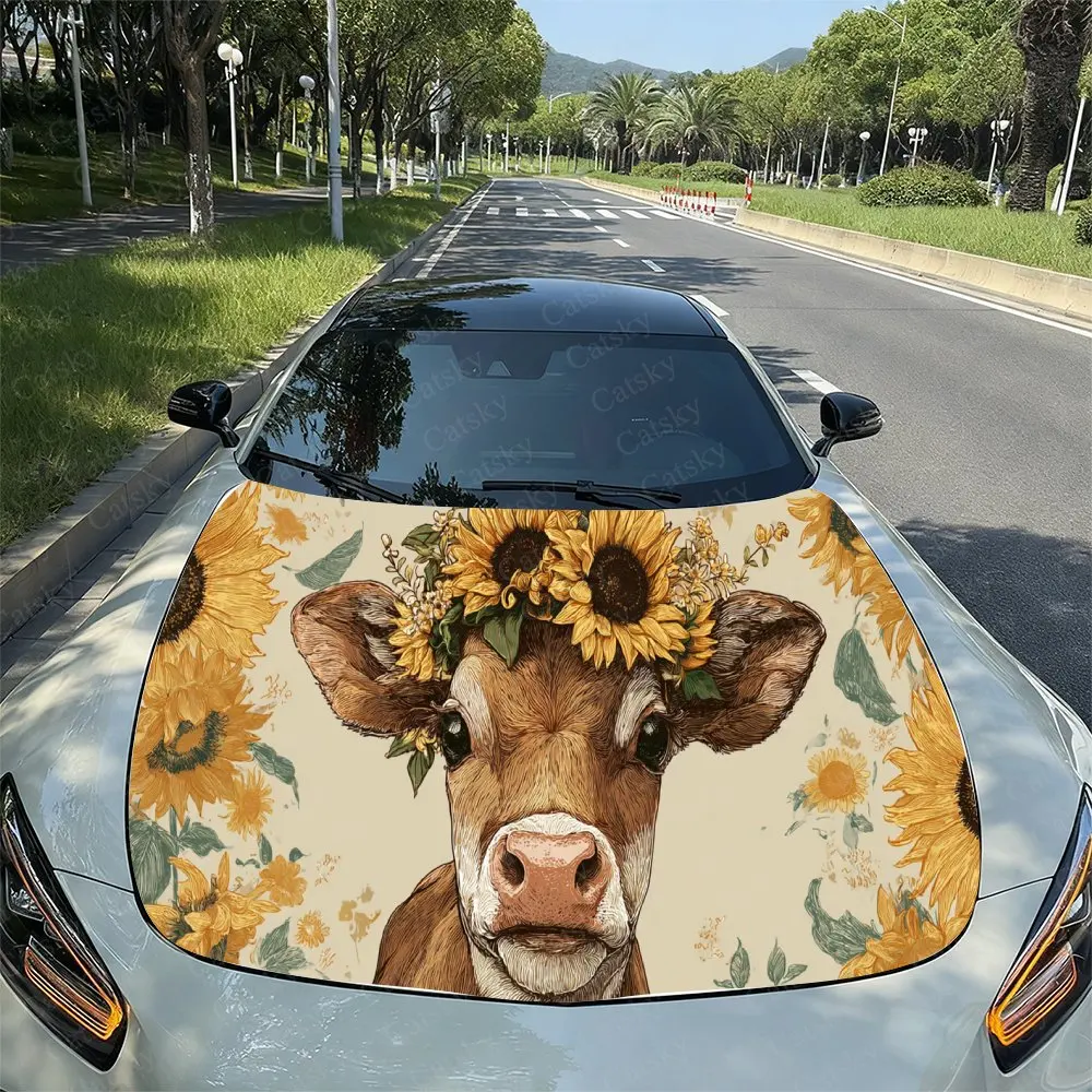 

Cow Sunflower Car Hood Sticker PVC Self Waterproof Stick, Striking Auto Exterior Accessories Decor Protect Gift for Car Lover