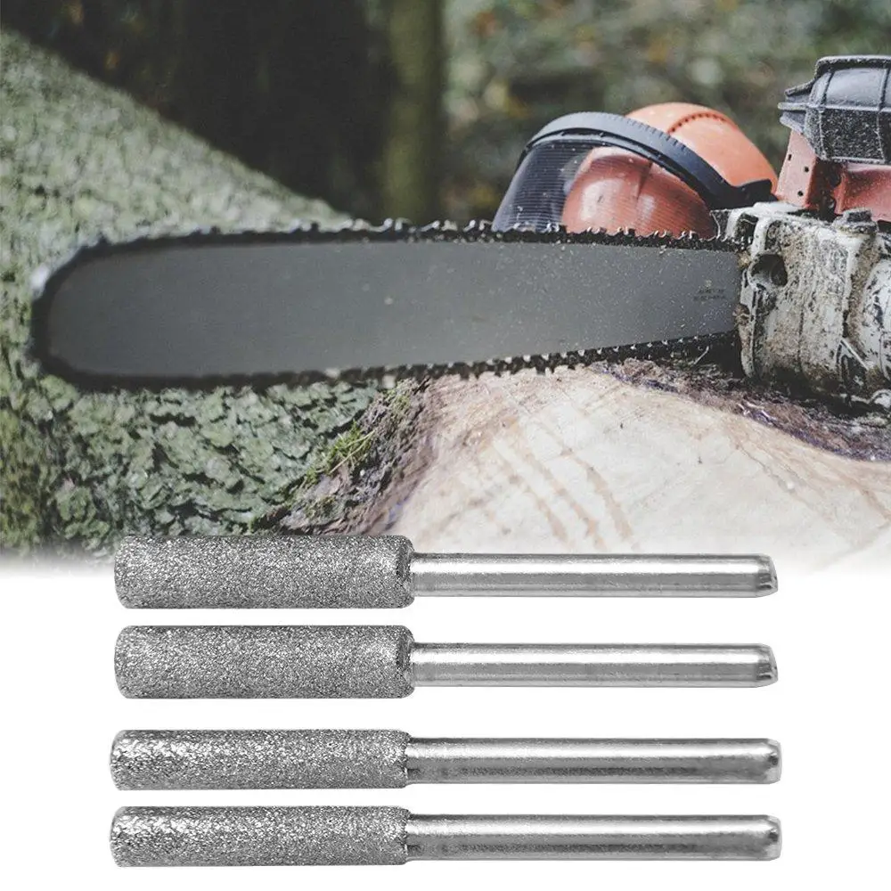 5pcs 4/4.8/5.5mm Diamond Coated Chainsaw Sharpener Stone Polishing Abrasive Chainsaw File Cylindrical Burr Silver Grinding Tools
