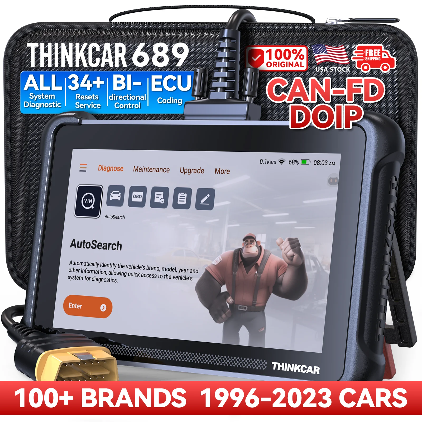 THINKCAR THINKSCAN 689 OBD2 Scanner Lifetime Free Update Full System Diagnosis CANFD/DOIP Bi-directional ECU Coding 34 Reset