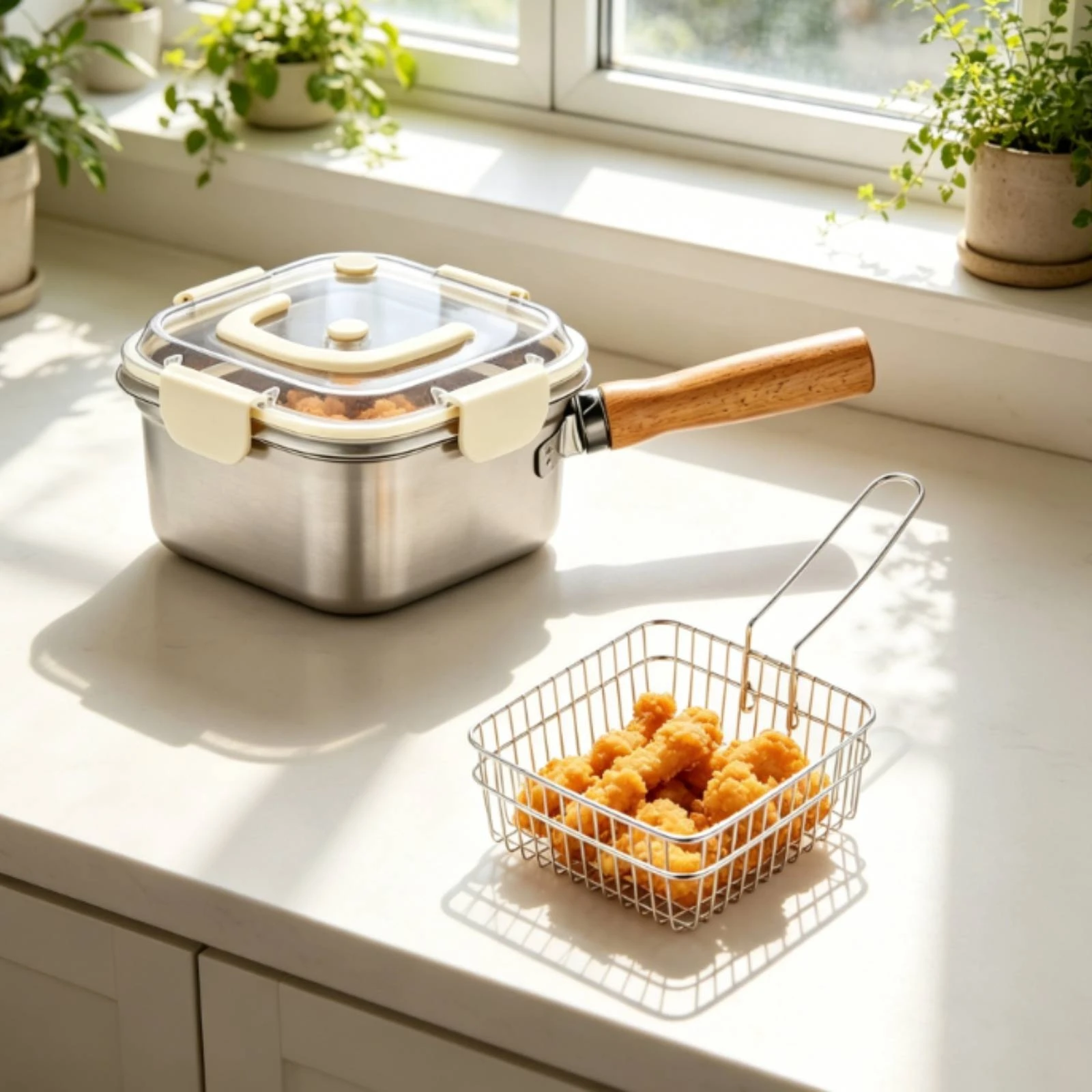 2 Pieces Deep Fryer Pot with Lid Brushed Metal Stainless Steel Deep Fryer Pot view 6