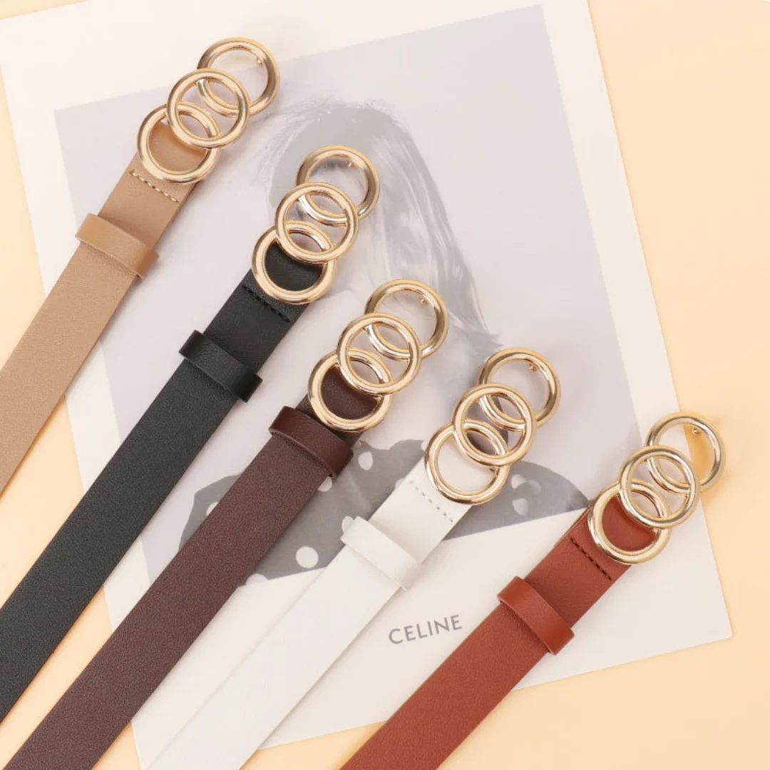 1pcs Set Triple Rings Buckle Belt Classic PU Leather Thin Waist Belt Casual Pin Buckle Waist Bands For Jeans Dress Pants
