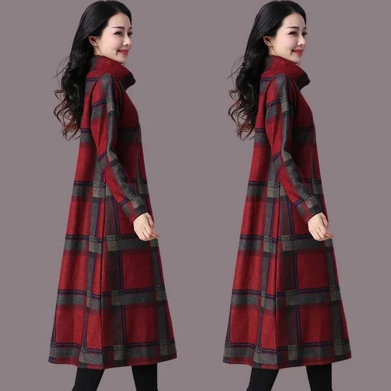 

2023 Spring New Korean Version of Everything Woolen Dress Vintage Plaid Long Skirt Bottomed A-line Long Skirt Plaid Commuting X6