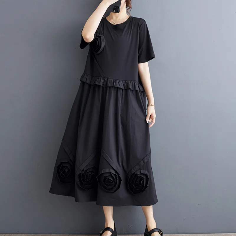 Robe T-shirt Manches Courtes, Noir, Patchwork, Fleur, At, Ligne A, Fendue, Streetwear, Longue, Taille Haute, #3874