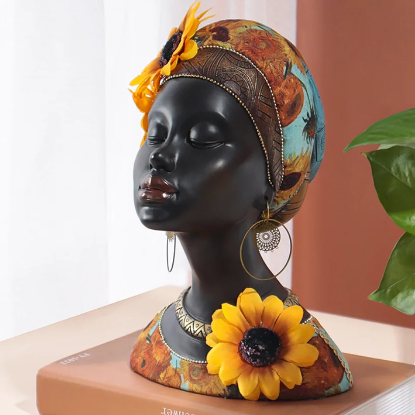 African Sunflower Sunflower Black Girl Portrait Ornament Ethnic Women Handmade Sculpture Crafts
