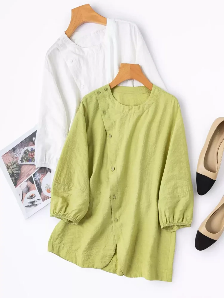 Birdtree, 78% Silk 22% Nylon Blouse, Lantern Sleeve O-neck Shirt, Women Dry Silk Slanted Placket Tops, 2026 Summer New T66412JF
