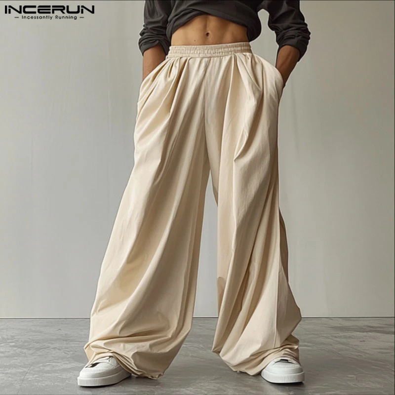 

INCERUN Men Wide Leg Pants Solid Color Joggers Loose Elastic Waist Trousers Men Streetwear Korean Style Fashion Male Long Pants
