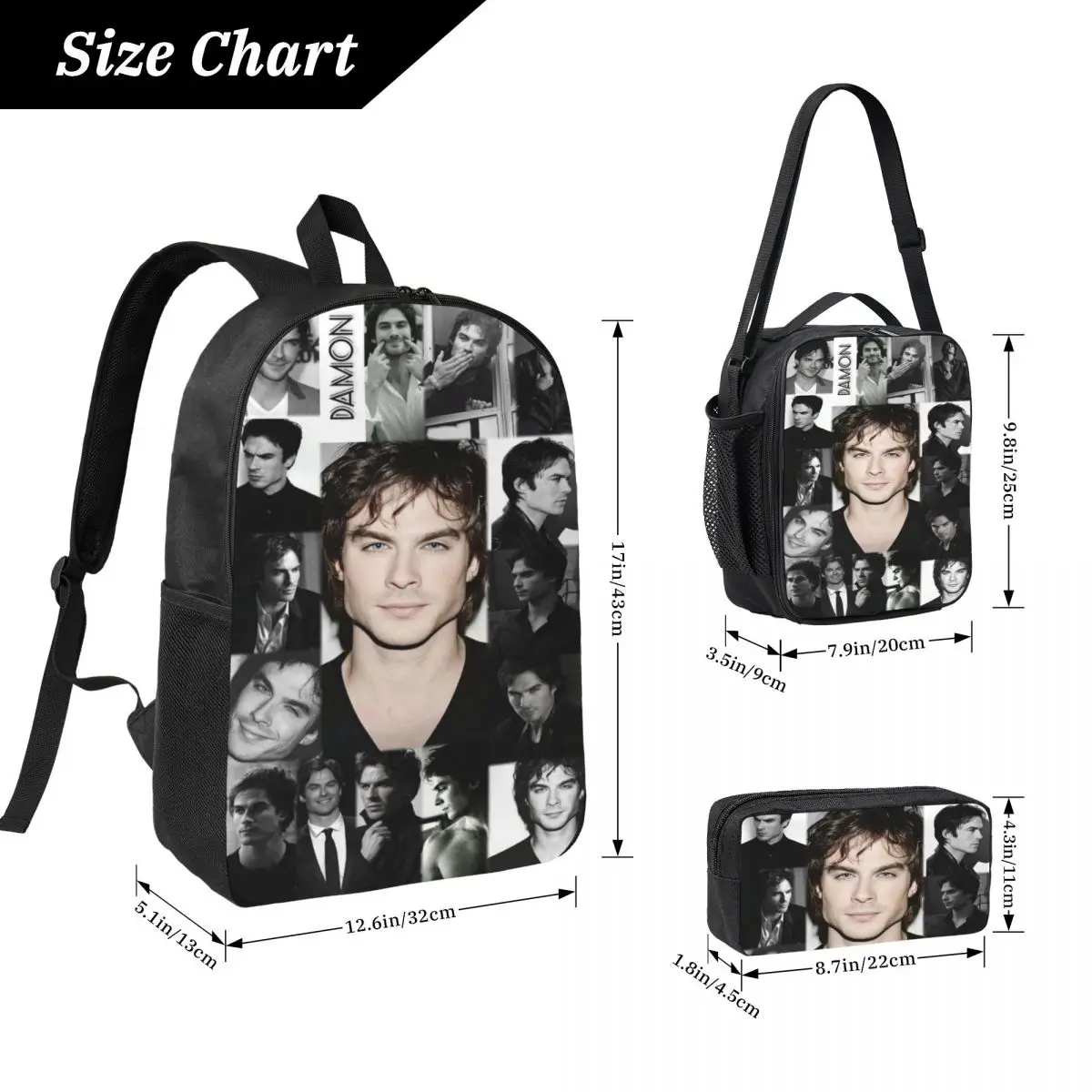 3Pcs Damon Salvatore School bags Set for Kids Pencil Boxes Backpack Sets with Lunch Box For Primary School Students Knapsack