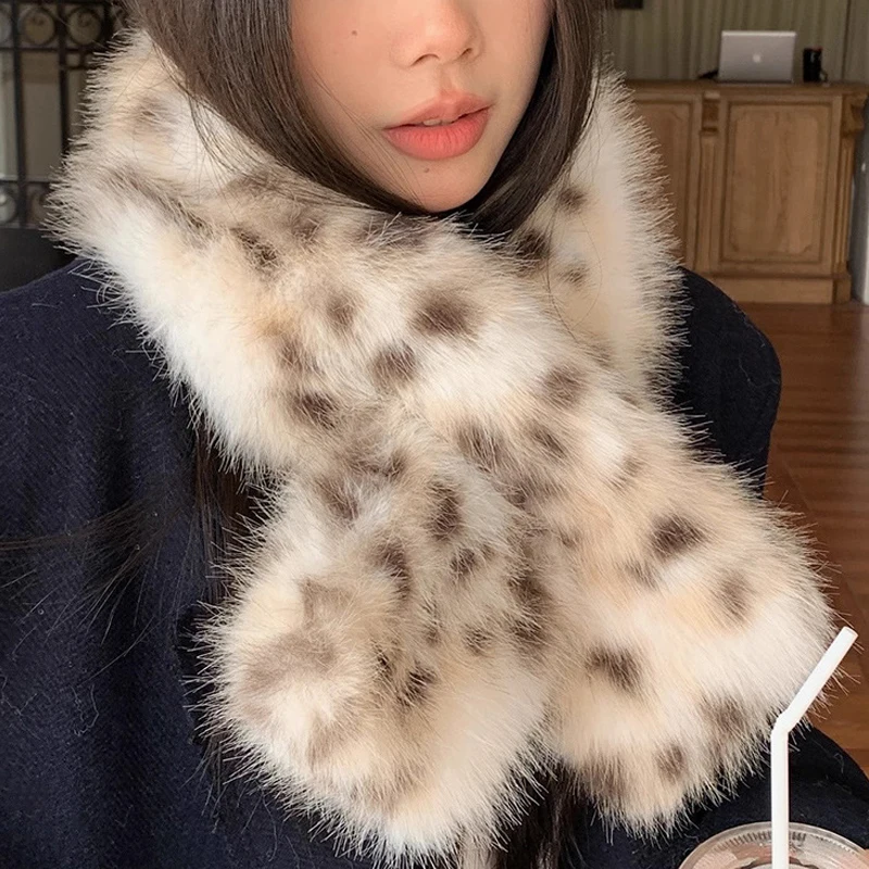 Fluffy Leopard Print Long Scarfs Soft Warm Plush Scarf Y2K Women Winter Padded Thickened Lengthened Faux Fur Shawl Outdoor Wrap
