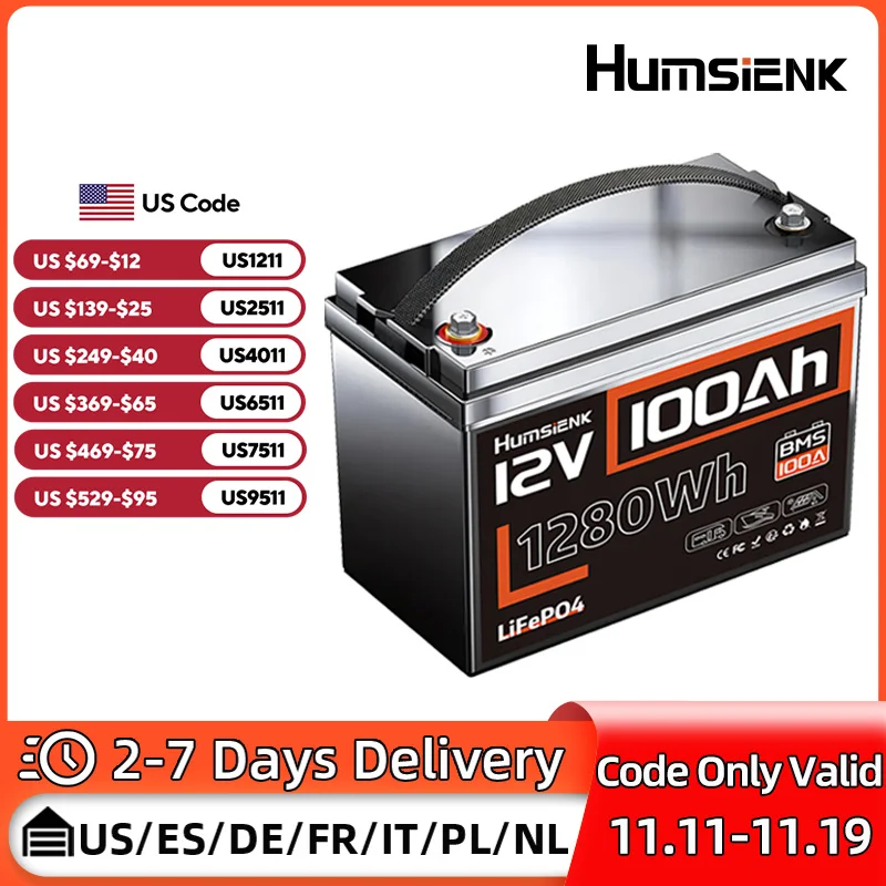 حزمة بطارية Humsienk LiFePO4 12 فولت 100 أمبير 110 أمبير BMS لتخزين الطاقة المنزلية / مصدر طاقة خارجي بطارية ليثيوم فوسفات الحديد