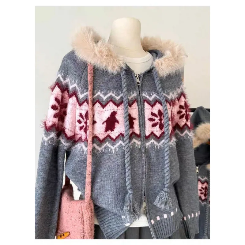 

American Retro Jacquard Fur Collar Hooded Knitted Cardigan for Women Autumn and Winter Loose Casual Jacket Top